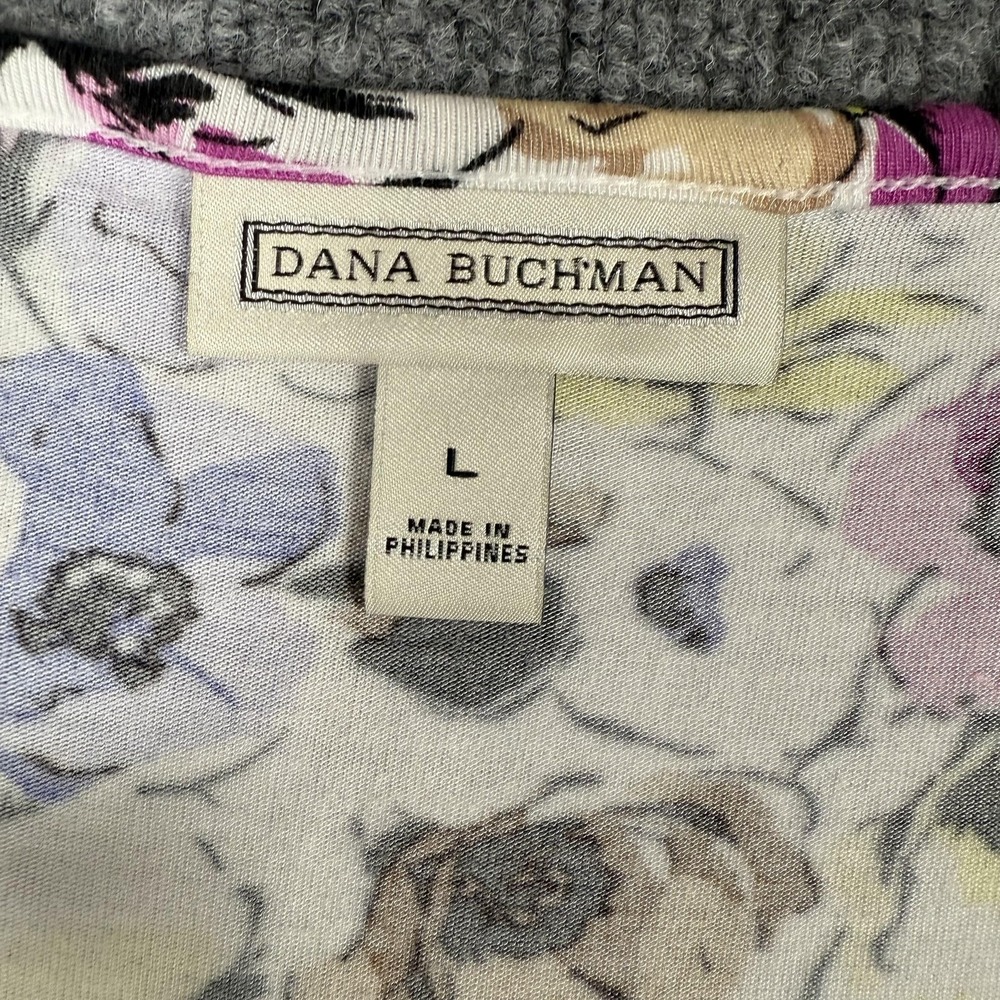 Dana Buchman Shirt Large Colorful Floral Print Tie Front 3/4 Sleeve Rayon Top - Picture 6 of 11